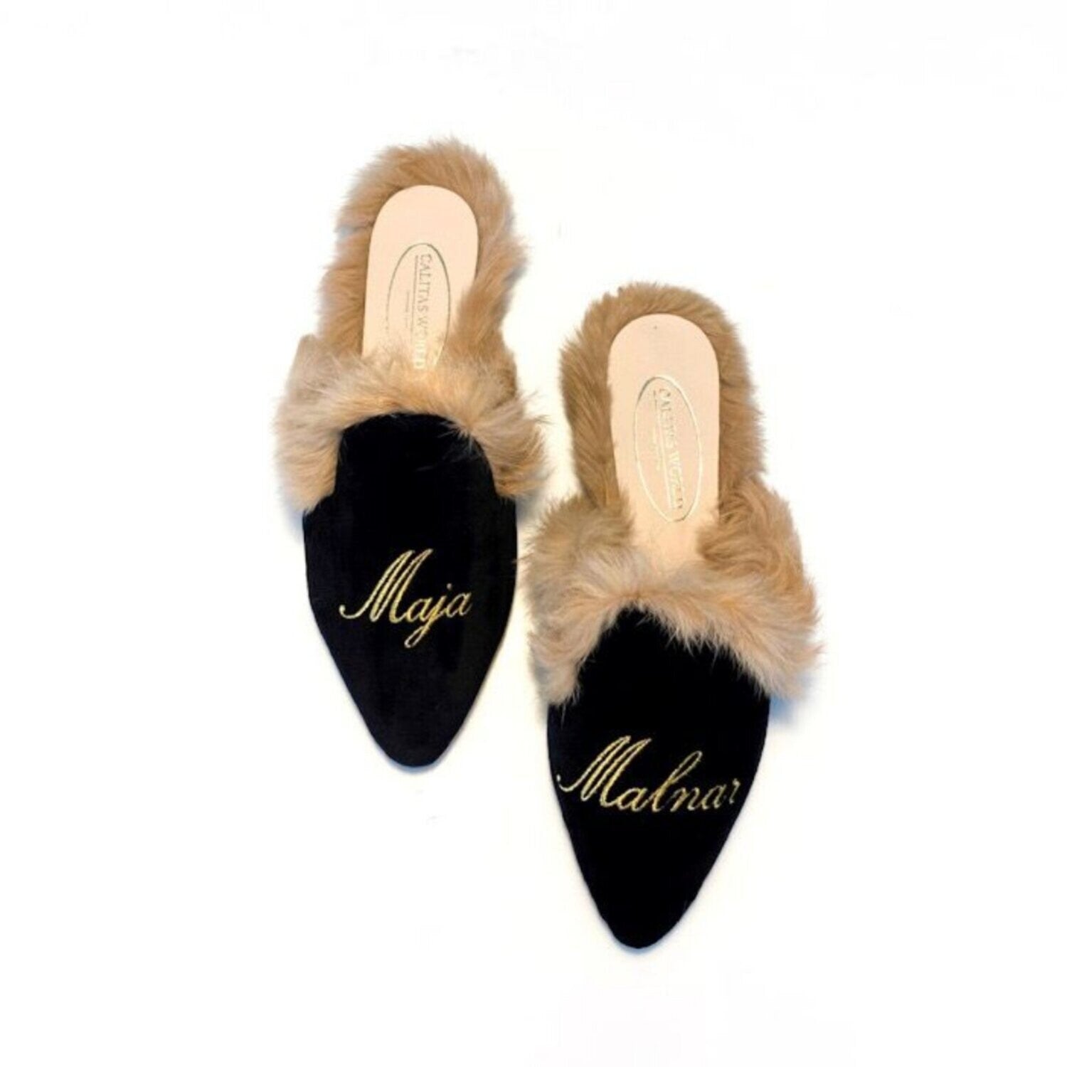 Calitas world shoes】MULES FUR BLACK VELVET, GOLDEN NAME AND 