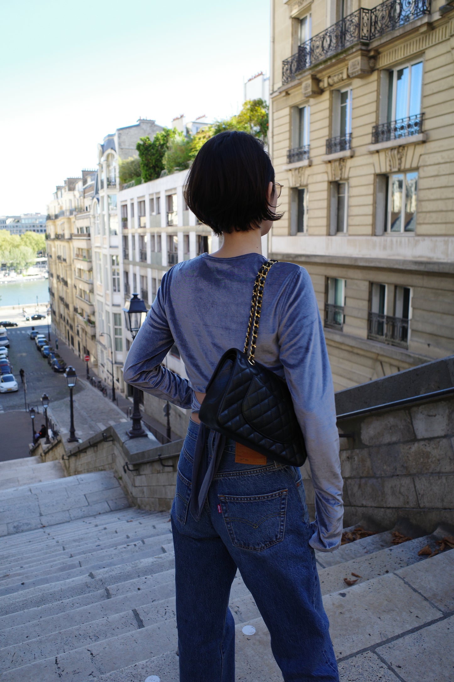 Haut court ouvert au dos Bleu Grisブルーグレー