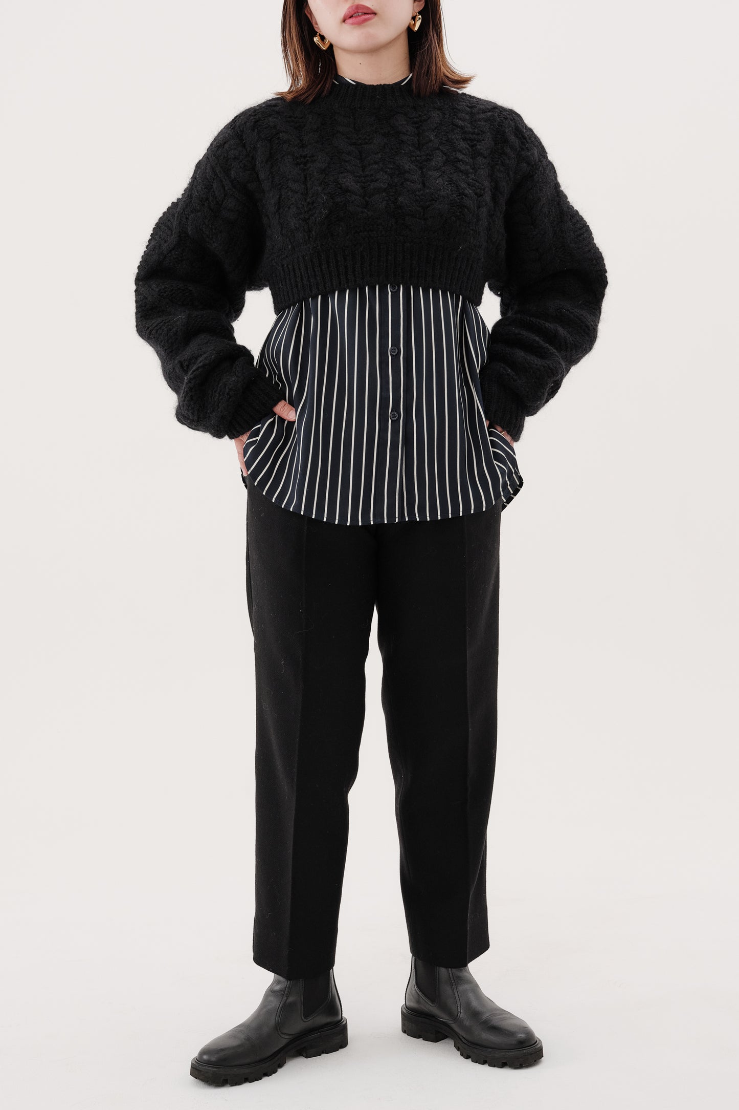 Pantalon fuselé en tweed MOON "Bonnie" ブラック