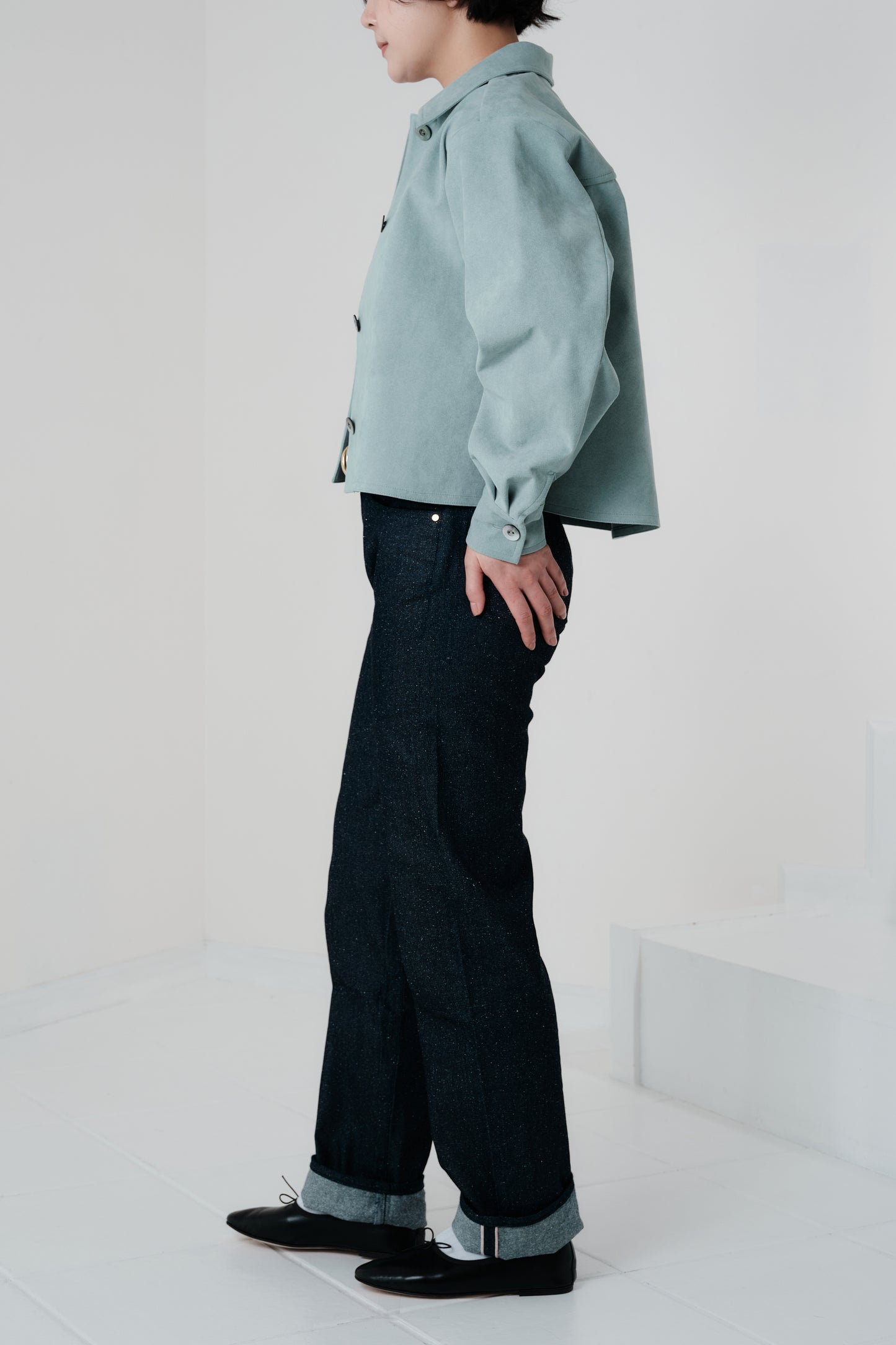 Veste courte en Alcantara Bleu Bulle de Savon