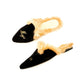 【Calitas world shoes】MULES FUR BLACK VELVET, GOLDEN NAME AND SURNAME