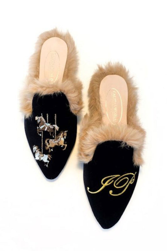 【Calitas world shoes】MULES FUR BLACK VELVET, CAROUSEL AND INITIALS　予約販売　1月下旬発送予定