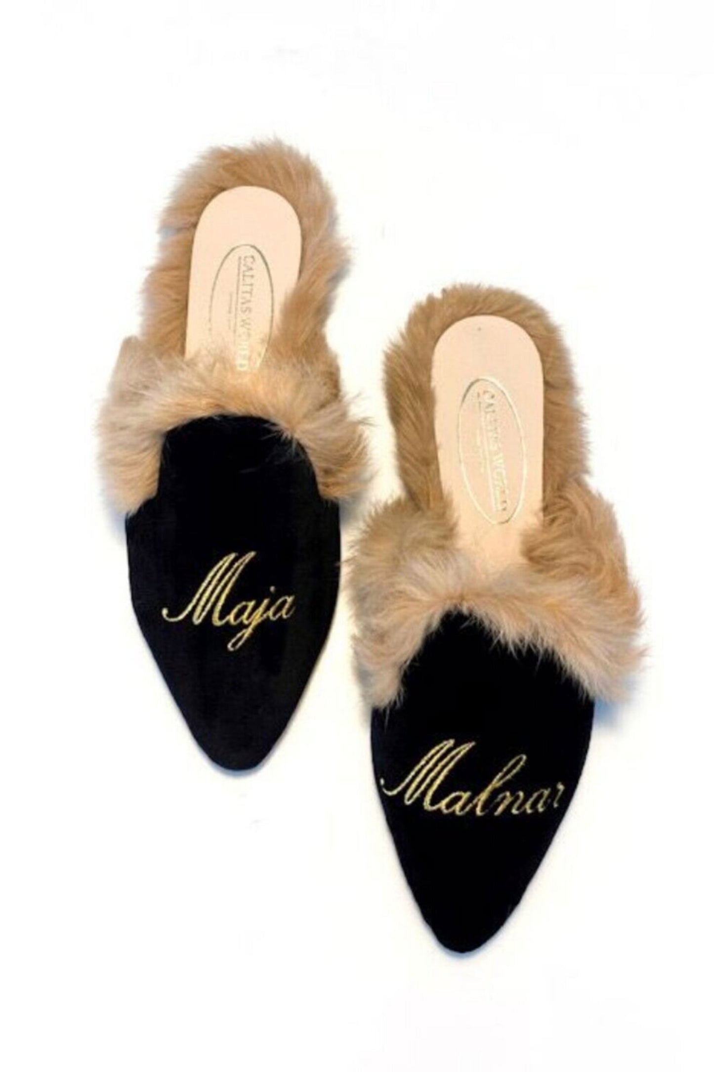 【Calitas world shoes】MULES FUR BLACK VELVET, GOLDEN NAME AND SURNAME　予約販売　1月下旬発送予定