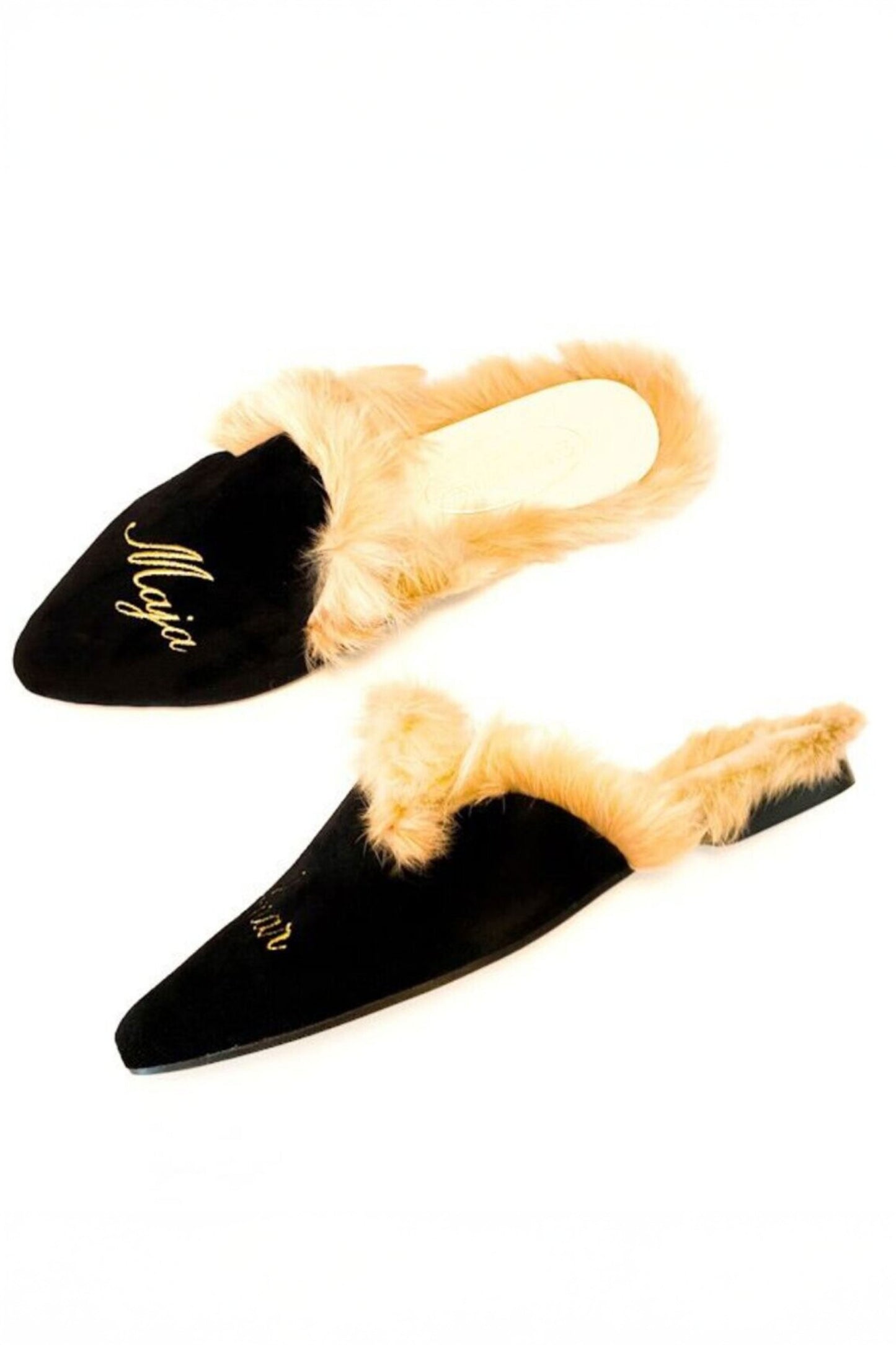 【Calitas world shoes】MULES FUR BLACK VELVET, GOLDEN NAME AND SURNAME　予約販売　1月下旬発送予定