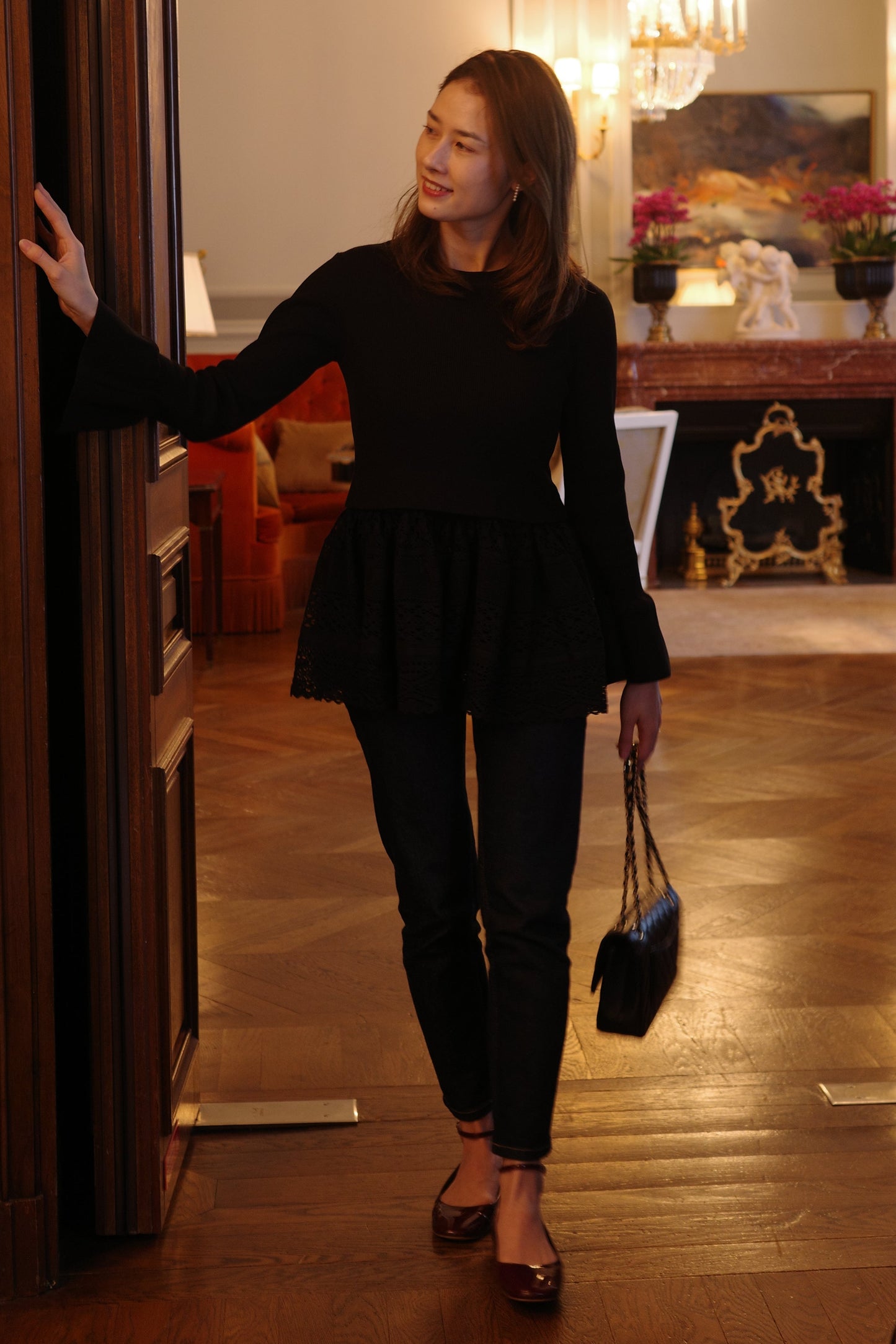 Pull en dentelle torsadée équestre Cadence Noir velouté  ブラック