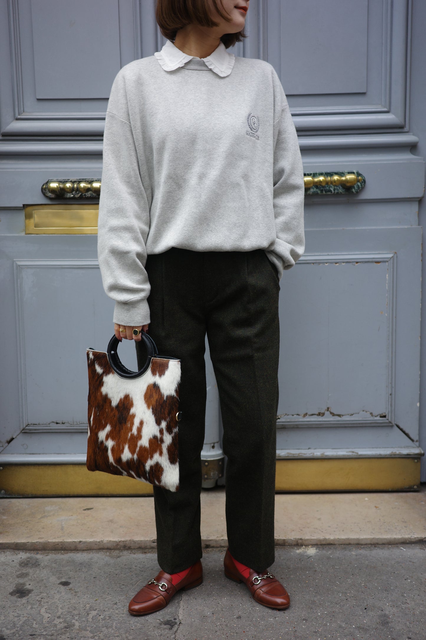 Pantalon fuselé en tweed MOON "Bonnie" カーキ