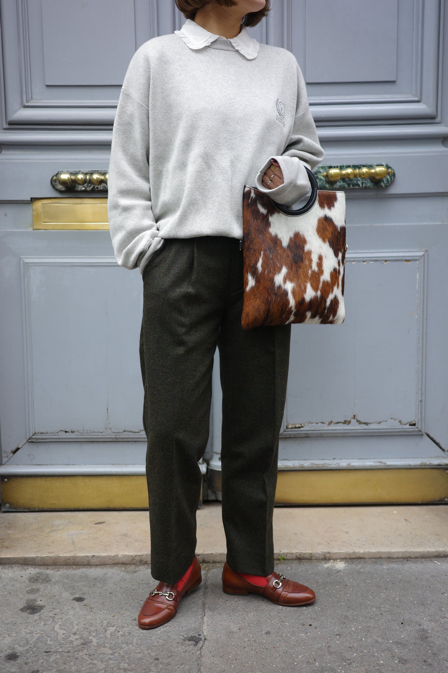 Pantalon fuselé en tweed MOON "Bonnie" カーキ