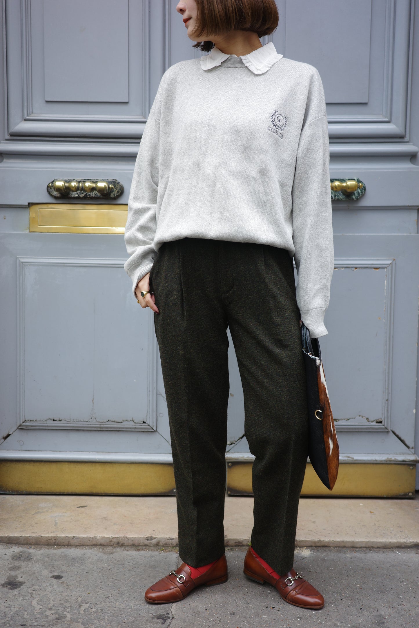 Pantalon fuselé en tweed MOON "Bonnie" カーキ