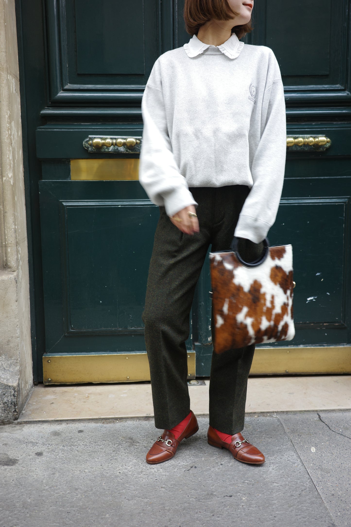 Pantalon fuselé en tweed MOON "Bonnie" カーキ