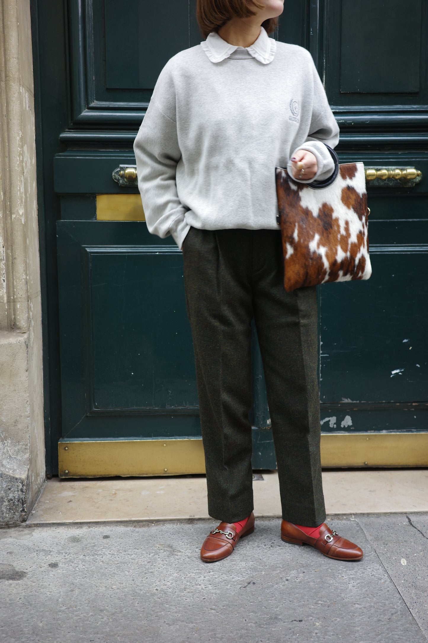 Pantalon fuselé en tweed MOON "Bonnie" カーキ