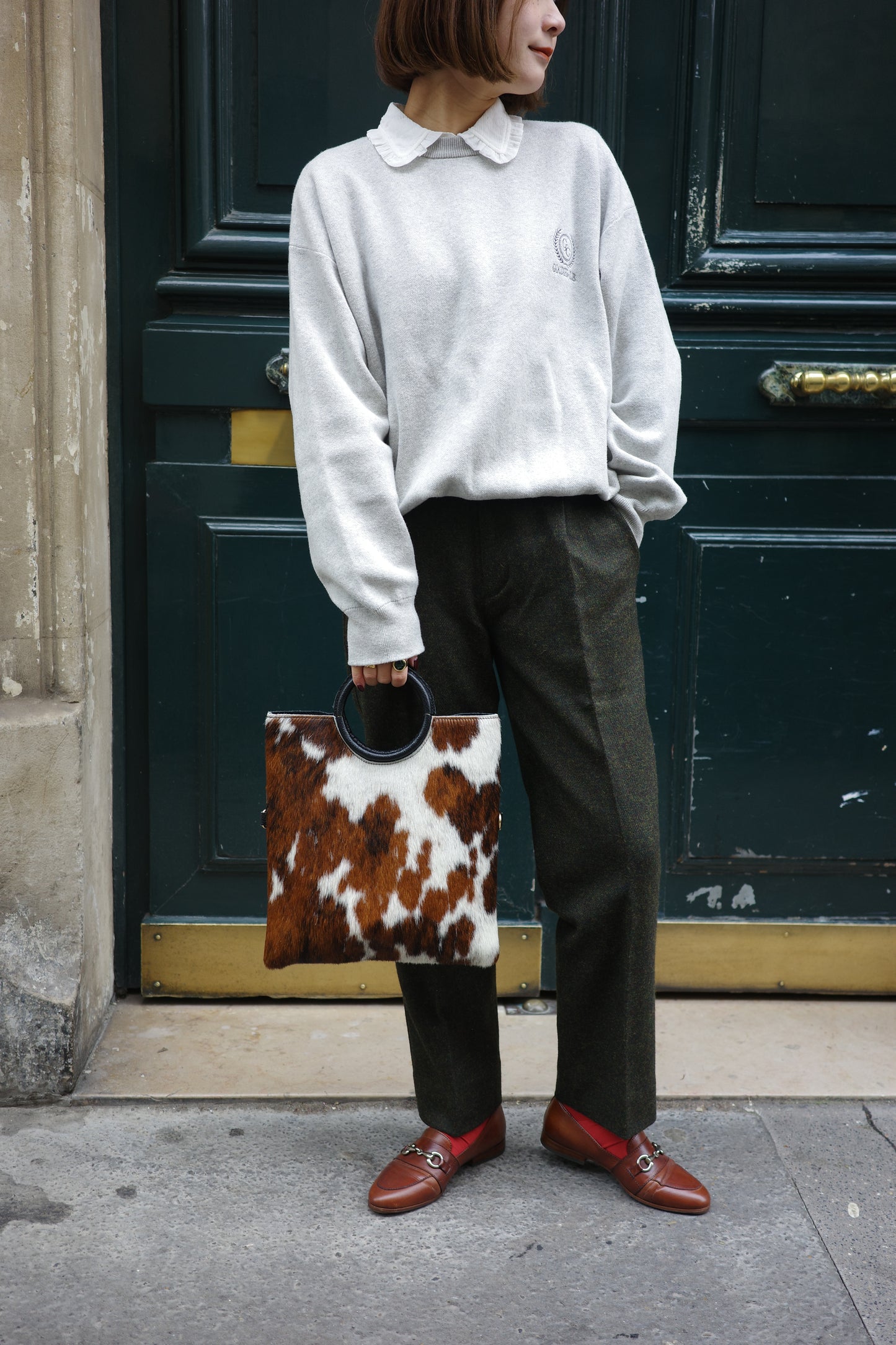 Pantalon fuselé en tweed MOON "Bonnie" カーキ