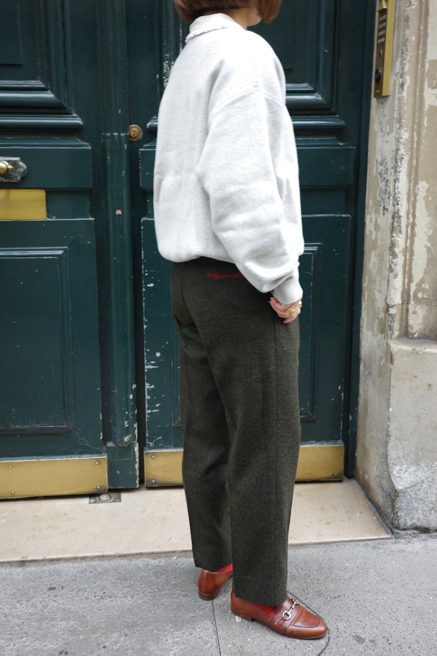 Pantalon fuselé en tweed MOON "Bonnie" カーキ