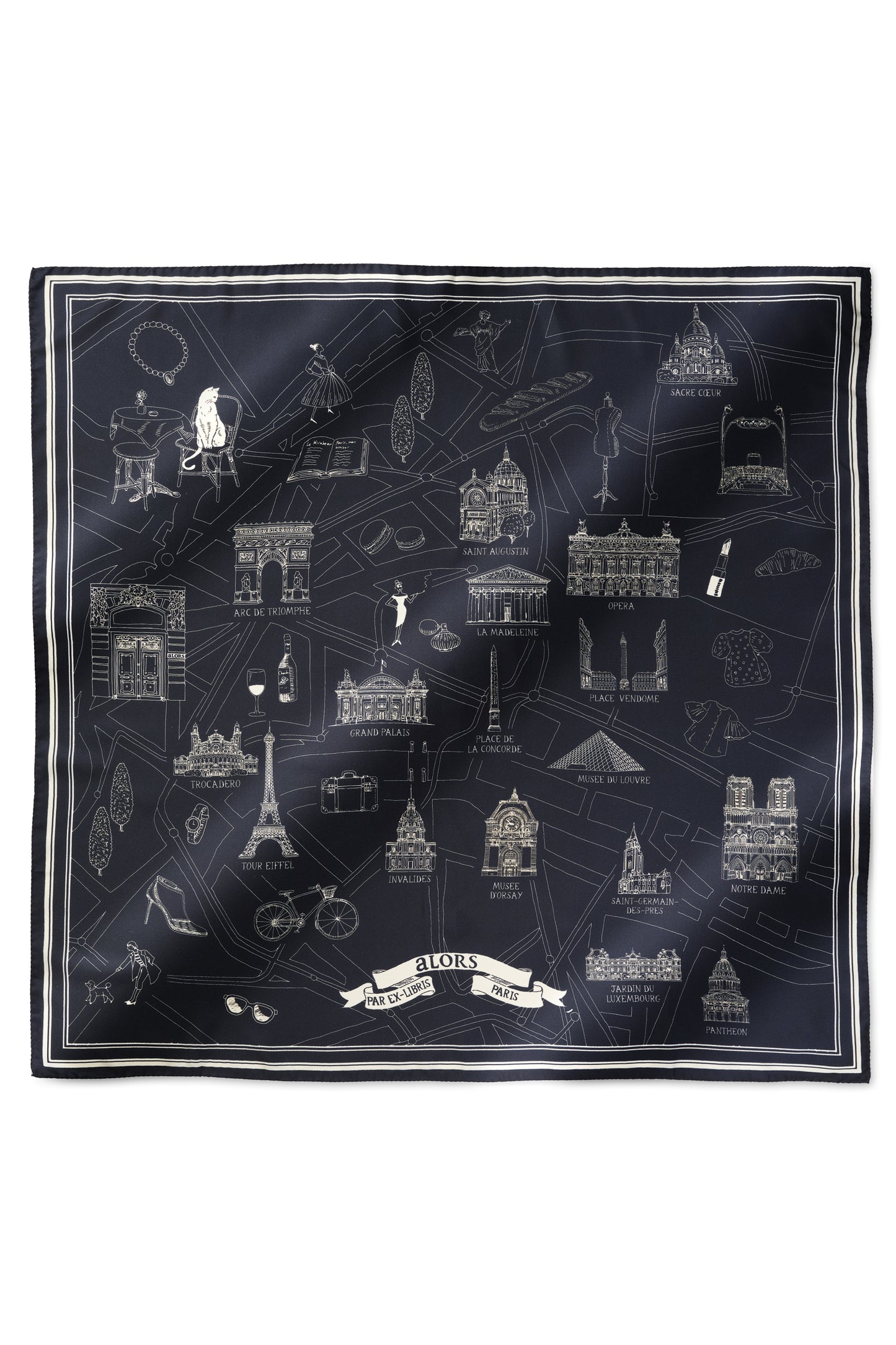 Foulard Ex-libris Paris x aLORS -une collaboration d’exception(ダークネイビーx アイボリー) 90x90cm